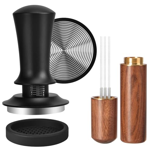 KaffeeTamper 51mm Set, Kaffee Tamper Edelstahl Base, mit 6 feinen Espressonadeln, Espresso Kaffee Tamper 51mm mit Tampermatte Tool, Skaleneinstellung, Holzgriff und Runder Silikon mit Tamper 51mm