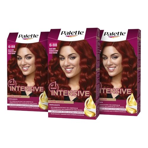 Palette Intensive Creme Color 6-88 Rojo Rubí , tinte de pelo permanente con aceite de macadamia y almendras, cubre el 100% de las canas y raíces, para un color radiante, Pack 3