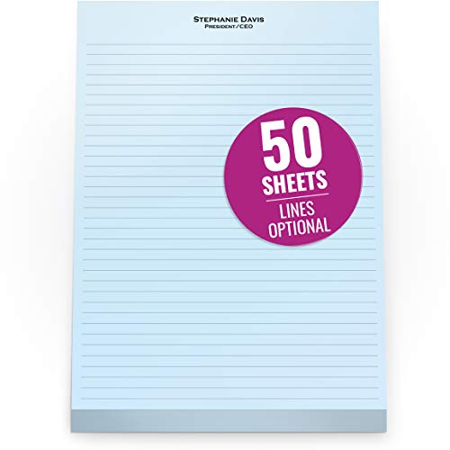 Custom Printed Blue Notepads 8.5 x 11 inches - Colorful Memo Pads Personalized with your Company Name, Ruled Lines or No Lines in Multiple Paper Colors - 50 Note Sheets per Pad - 1 Pad