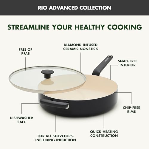 Image of GreenPan Rio Advanced 5QT Saute Pan With Tempered Glass Lid, 5QT Ceramic Nonstick pan with Helper Handle, PFAS-Free, Induction Ready, Dishwasher and Oven Safe, Black