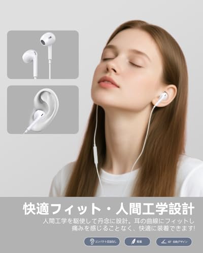 イヤホン 有線イヤホン 3.5mmジャック 音量調整 クリア通話 有線ヘッドセットマイク内蔵 通話対応 快適な装着感 人間工学 絡み防止 小型·軽量 通勤/仕事/ランニング 遅延なし pc/Android/iPhone6/5s対応 (02white 半インナー 1個)