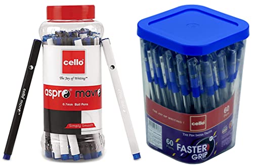 Image of Cello Aspro Mavro Ball Pen | Black Ball Pen | Pack of 50 Faster Grip Ball Pens | Pack of 60
