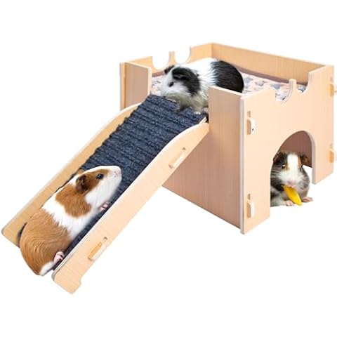 BESNEW Guinea Pig Hideout,Wooden Guinea Pig Castle with Stairs,Small Animal Houses Habitats for Guinea Pigs Hamsters Bunny Chinchillas Hedgehogs 12.5L x 10.2W x 9.8H in Cover