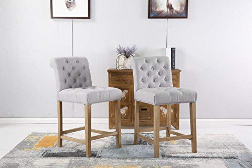 Roundhill Furniture Carlisle Counter Height Button Tufted Solid Wood Bar Stools, Set Of 2, Gray #TOP2