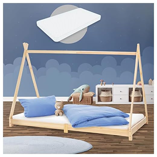 ML-Design Cama Infantil Tipi De Madera Maciza De Pino Natural 90x200 cm con Colchón De Espuma Fría Oeko-Tex 100 Somier Armazón De Listones Cuna India Niños De 3 a 9 Años Forma De Tienda De Campaña