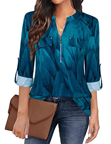 Image of Bulotus 3 /4 Length Sleeve Womens Striped Tops Zipper V Neck Collared Blouses Business Casual Tunics 2026 Spring Trendy