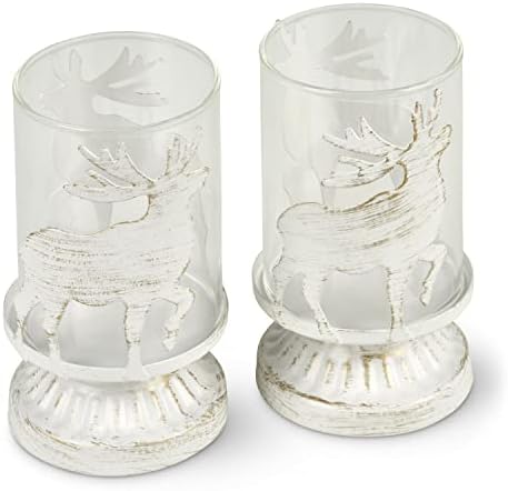 Reindeer Tealight Holders  Set of 2 Antique Pillar Candle Holders  Eye-Catching Room Decor  Unique Centerpiece for your Fireplace or Table  Tealight Candle Holders with Removable Glass