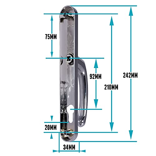 UPVC Door Handles - Polished Chrome - Lever/Lever - 92mm PZ (Centres) - 210mm Screw to Screw - Backplate 242mm X 34mm - UPVC Door Handle - External Door Handle - Chrome Replacement UPVC Door Handles - Image 4