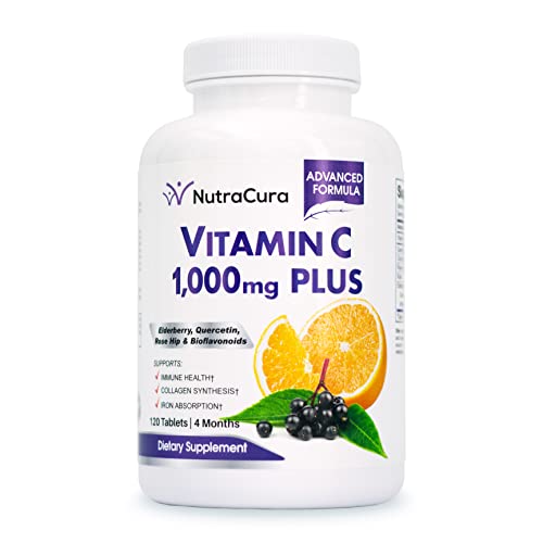 NutraCura Immunity Vitamin C1000 Complex with Elderberry - 1000mg Vitamin C, Quercetin, Bioflavonoids, Rose HIPS, Rutin - 4 Months Supply, 120 Tablets - Immune System Support