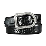 RISANTRY Women's Black Belts with Rhinestone Buckle Crocodile Fashion Leather Belts for Jeans Dresses