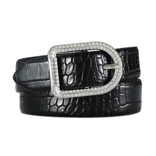 RISANTRY Women's Black Belts with Rhinestone Buckle Crocodile Fashion Leather Belts for Jeans Dresses