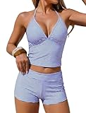 ZAFUL Women’s Tankini Swimsuits V Neck Halter Top with Boyshorts Bottom Tummy Control Two Piece Bathing Suit Blue Stripe M