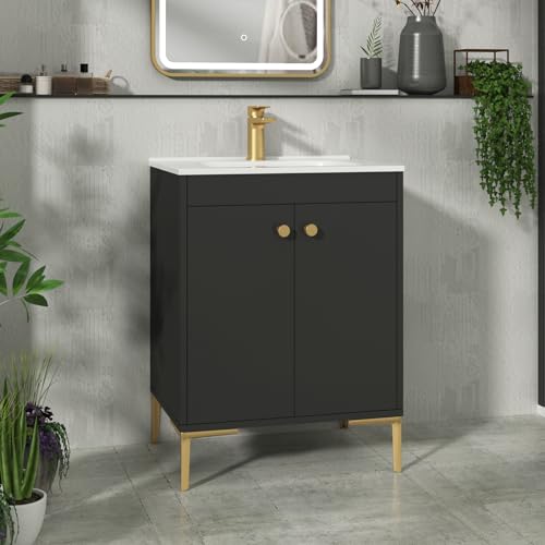 Royal Bathrooms Verona 600mm Floor Standing Vanity Unit Ceramic Basin 2 Door Cabinet Furniture Matt Black with Brushed Brass Knob