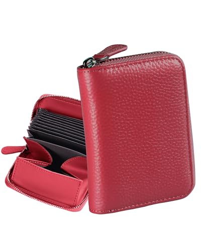 Image of Jexmigo RFID Purses for Women – Genuine Credit Card Holder RFID Blocking, 12 Card Slots, Large Anti-Leak Coin Purse, Compact Ladies Leather Purse with YKK Zip, Card Wallet,for Mother Gift(Red)