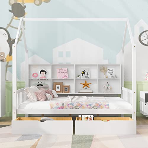 Merax Full Size House Bed,Wooden Full Bed With 2 Drawers And Storage Shelf, Roof Design Bedroom Bedframe For Kids Boys Girls,White #TOP6