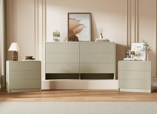 Image of Furniway Bedroom Dresser Set 3 Piece, 6 Drawer Curved Dresser with 2 Nightstands, Modern Fluted Wood Storage Cabinet, White Chest of Drawers with Pop-Up Design, Beige