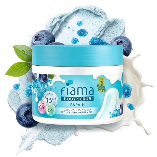 Image of Fiama Strawberry Skin Exfoliating Body Scrub 200g, 0.5% Papain Enzyme + 0.1% Caffeine, Chemical + Physical Exfoliation, 13% Polishing Blend, Reduces Keratosis Pilaris, Refreshing Aqua Fragrance