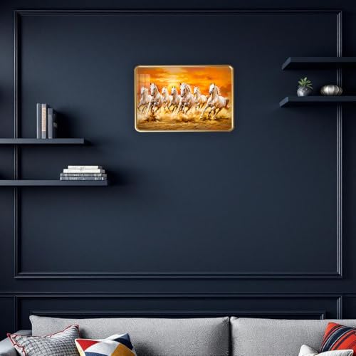Image of 7 Running Horses Photo Frame, Ultra High Gloss Lamination, Vastu Painting for Living Room, Office, 12x18 Inch (Design 8)