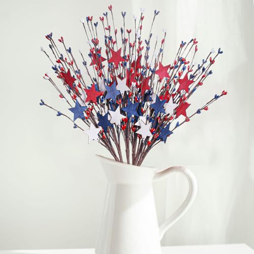 Yawwind 6 Pack 17 inch 4th of July Picks and Sprays Patriotic Floral Picks with Red White and Blue Berry Metal Stars Independence Day Patriotic Branches Memorial Day Flag Day for Indoor Decor