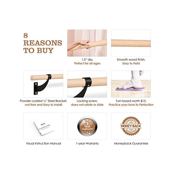 Ballet-Barre-Wall-Mounted-Ballet-Bar-Includes-Turning-Board-Premium-Beech-Wood-Does-Not-Bend-Wobble-Rust-Barre-Bar-for-Home-Workout-Dance-Equipment-for-Leaps-4-ft-Long-15-ft-Dia-for-Kids-Girls-Adults flybold Wall-Mounted Ballet Barre with Turning Board and Premium Wooden Bar - Home Workout and Dance Equipment - Rust, Wobble-Free - 4ft, 1.5ft Diameter - Multiple Colors