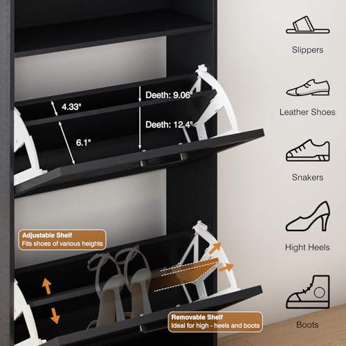 Image of 24 inch W Hidden Shoe Storage Cabinet with 2 Flip Drawers & Open Storage