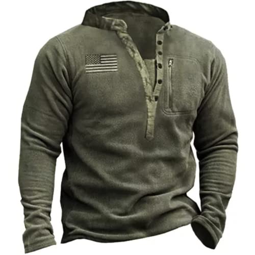 Men's Outdoor Fleece Pullover Sweatshirt Warm Vintage Long Sleeve American Flag Button Henry Collar Jacket