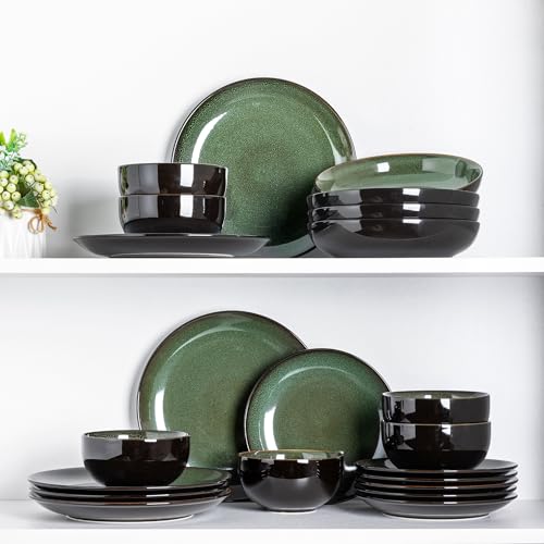 Image of LeRatio Ceramic Dinnerware Sets for 6,Plates and Bowls Sets,Handmade Reactive Glaze Dishes Set,Chip Resistant and Scratch Resistant | Oven&Dishwasher & Microwave Safe,Service for 6-Green (18PCS)