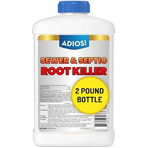 Adios! Sewer and Septic Root Killer for Trees and Shrubs, Copper Sulfate Formula Protects Sewer Pipes, Drains and Septic Tanks from Invasive Root Growth (2 Pound) Cover