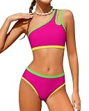 Redair Girls Bathing Suit Color Block One Shoulder Bikini Sets Girls Two Piece Swimsuits with Chest Pad Swimwear Size 7-8