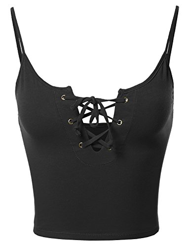 Cute Eyelet Lace Up Cami Top with Adjustable Straps Black L