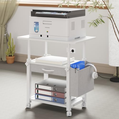 Image of YAOHUOO 22 inchx15 inch Large Printer Stand with Drawer, 3-Tier Rolling Table Cart | Storage Drawer and Side Bag,Height Adjustable Cart,Fit printer /fax /3d /scanner,4 lock wheels or feet,White