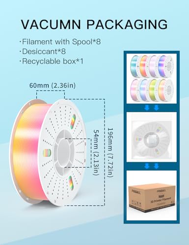 Image of PINBALL Silk Rainbow PLA 3D Printer Filament 1.75mm, Shiny Multicolor Fast Color Changing PLA Filament, 3D Printing Filament Dimensional Accuracy + /- 0.02mm, 8 KG 8 Colors