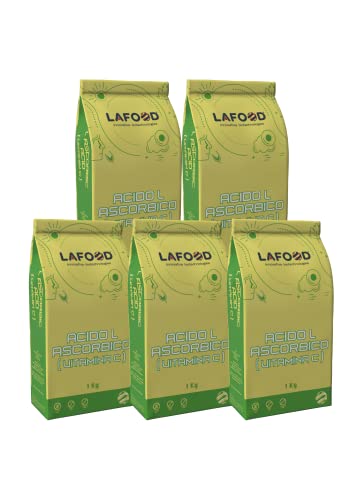 Lafood Acido Ascorbico - Vitamina C - 5Kg (5x1Kg) - E300 - Polvere, antiossidante e conservante.No OGM, Gluten Free, allergen Free, for Vegan And Vegetarian