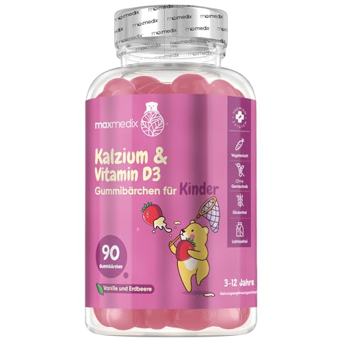 Calcium & Vitamin D3 Gummibärchen für Kinder - 90 vegetarische Gummies - 160 mg Kalzium & 10 μg (400 IE) Vitamin D3-3 Monate Vorrat - Erdbeere & Vanille Geschmack - Glutenfrei - maxmedix