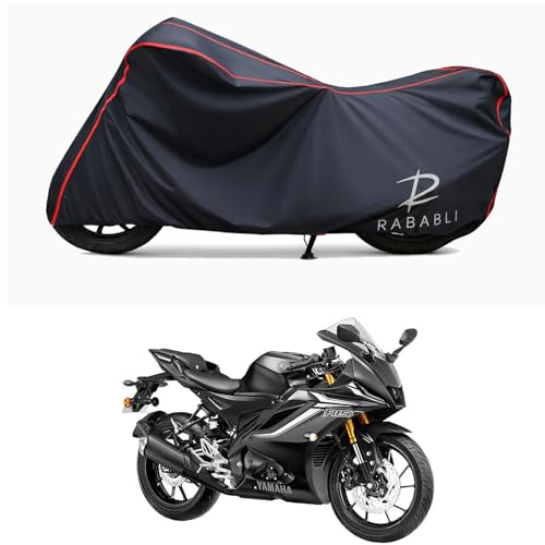 Image of Waterproof Bike Body Cover Compatible for | Yamaha R15 V4 M | Taffeta Fabric, Red Piping Design, Bottom Elastic Fit | Dustproof, Sun UV & Rain Protection for All Bikes