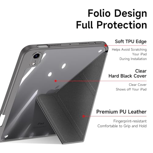 Image of INICIO Hybrid Smart Folio Case for Apple iPad mini 7 2024 & Mini 6 8.3 inch, Creative Detachable Front Cover, Trifold Multi Angle Stand, Pen Holder, Auto Wake /Sleep, PU+PC+TPU, Black