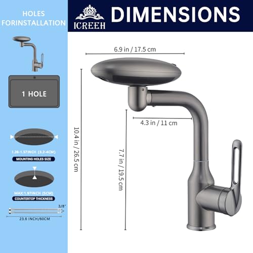 Image of ICRREH Waterfall Bathroom Sink Faucet, Multifunctional Basin Faucet with 4 Water Outlet Modes Single Hole, Modern 360Rotatable Bathroom Faucet with Two Water Supply Pipes, Gray
