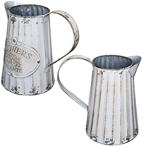 Soyizom Decorative Flower Vase Rustic Shabby Chic Metal Jug French Rustic White Pitcher Country Vintage Milk Can Galvanized Tin Watering Jug Farmhouse Decor Vase for Wedding Dinner Table Centerpiece