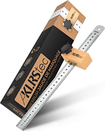 KLRStec® Jauge de Marquage professionelle [CDP-1] 300mm - Truquin avec Règle robuste en Acier inoxydable (INOX) - Jauge de Mortaise à Scribe en métal avec Butée en Bois de Hêtre