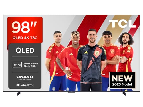 TCL 98T8C 98” QLED 4K 144Hz HDR UHD TV, Smart TV Powered by Google TV (Dolby Vision & Atmos, 144Hz Motion Clarity Pro, FreeSync, Onkyo 2.1 Sound, Voice Control, Compatible with Google Assistant Cast)