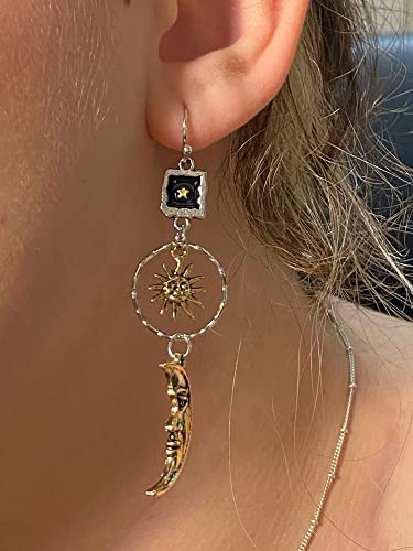 Vintage Sun Moon Star Dangle Earrings for Women, Greek Mythology Asymmetric Drop Earrings (Gold)4
