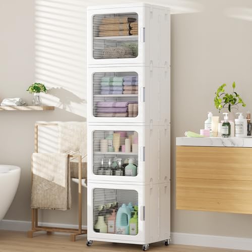 Image of BROVIEW 4-Tier Tall Narrow Storage Cabinet 14.6 inch Wide, Slim Bathroom Cabinets with Adjustable Shelves and Doors, Plastic Kitchen Pantry Organizers and Storages for Small Space, Laundry, White