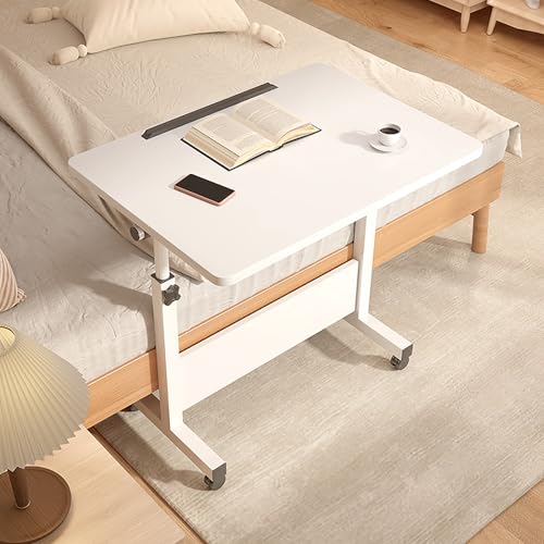 Escritorio de pie portátil ajustable con ruedas, mesa plegable para laptop, pequeña mesa auxiliar rodante para sofá, color blanco, 80 x 40 cm, altura y ángulo ajustable, estación de trabajo móvil