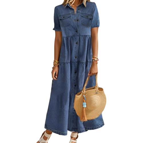 Womens Vintage Denim Button Down Short Sleeve Lapel Maxi Dress 2024 Spring Summer Loose Tiered Flowy Long Shirt Dress