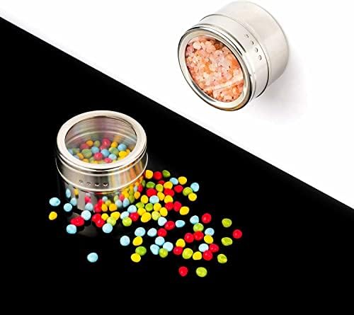 Magnetic spice jars / spice rack- Stainless steel with 6 clear lid cannisters -Vertical upright stand that takes up less room on the kitchen counter! Compact with multiple uses, Metallic, 001
