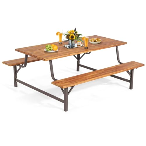 HAPPYGRILL Acacia Wood Picnic Table Bench Set with Solid Metal ...