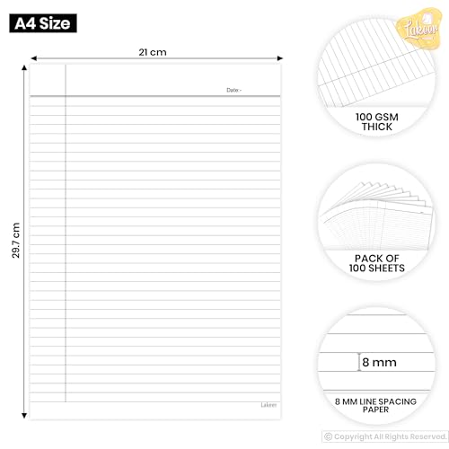 Image of Lakeer A4 Single Side Ruled Paper - 100 GSM Thick Paper, Pack of 100 Sheets | Ideal for Projects, Assignments, Practicals, and Homework (White)