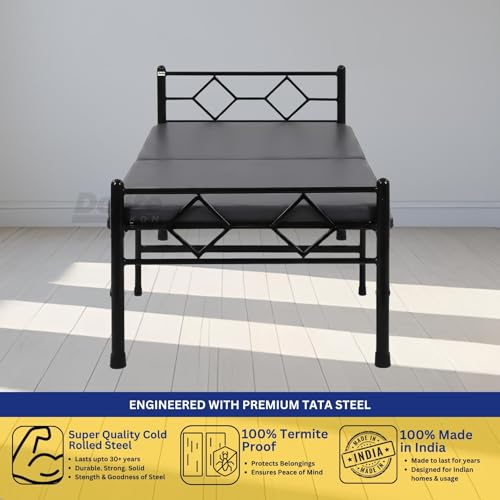 Image of DELITE KOM Dory Foldable Metal Single Bed (6.7x3ft) with Mattress | No Install | 1 Year Warranty | Strong Metal Single Bed, 204.5 cm x 92 cm (6.71 ft x 3.02 ft) (Finish Color - Black