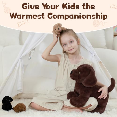 Image of Labrador Stuffed Animal with 3 Puppies, Chocolate Brown Lab, 15.7 inch