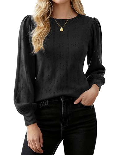 Image of GRACE KARIN Fall Sweaters for Women 2026 Puff Long Sleeve Crewneck Dressy Casual Tops Crochet Hollow Out Cute Pullover Blouse